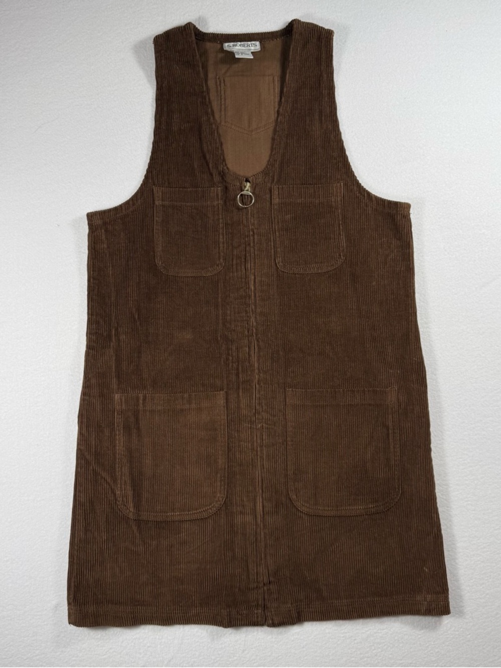 Women’s Vintage S. Robert’s Brown Corduroy V-Neck Front Zip Jumper Dress Size S